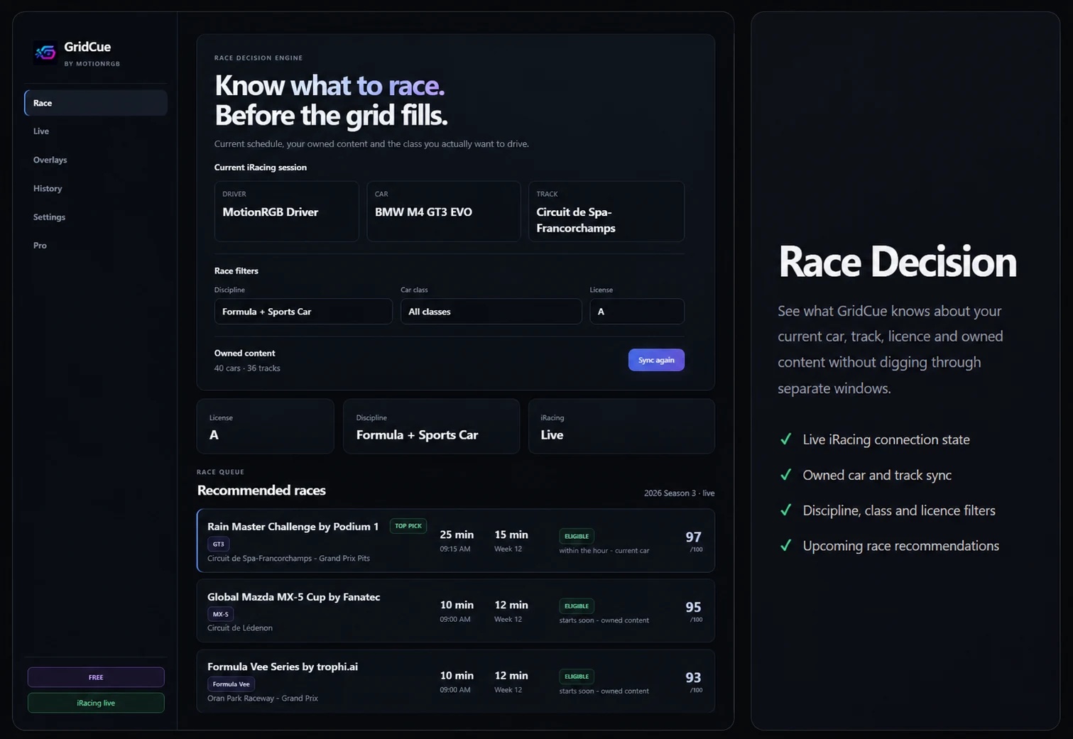 race decision page in GridCue